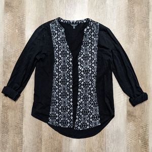 Lucky Brand Black and White Floral Print Button Down Shirt Roll Tab Sleeves